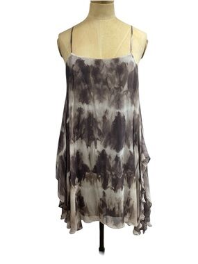 Alice + Olivia Silk Dress SM Taupe Tie-Dye Watercolor Print Chiffon Babydoll